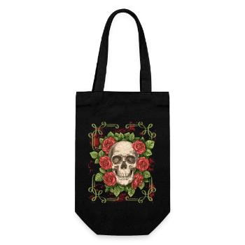 Lachender Vintage Totenkopf mit Rosen, Halloween - Geschenkbeutel für Flaschen - Schwarz - Vorne