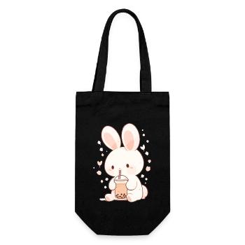 Kawaii Hase trinkt Boba Bubble Tea Chibi - Geschenkbeutel für Flaschen - Schwarz - Vorne
