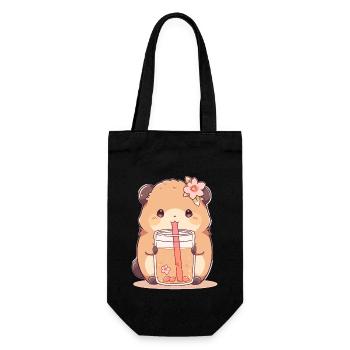 Kawaii Hamster trinkt Boba Bubble Tea Chibi - Geschenkbeutel für Flaschen - Schwarz - Vorne