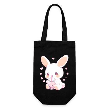 Kawaii Hase trinkt Boba Bubble Tea Chibi - Geschenkbeutel für Flaschen - Schwarz - Vorne
