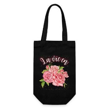 Rose Illustration, Rosen Aquarell Spruch La Vie En - Geschenkbeutel für Flaschen - Schwarz - Vorne