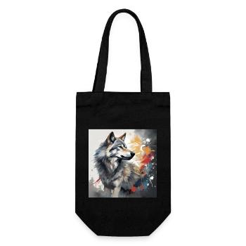 Gemalter Wolf -Tierbild - Wolf T-Shirt kunstvoll - Geschenkbeutel für Flaschen - Schwarz - Vorne