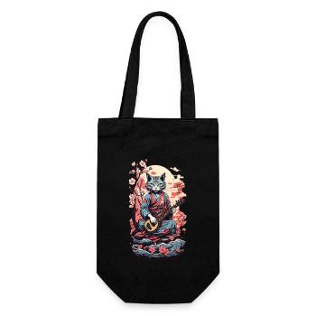 Katze mit Shamisen Vintage Japan Yokai Kunst - Geschenkbeutel für Flaschen - Schwarz - Vorne