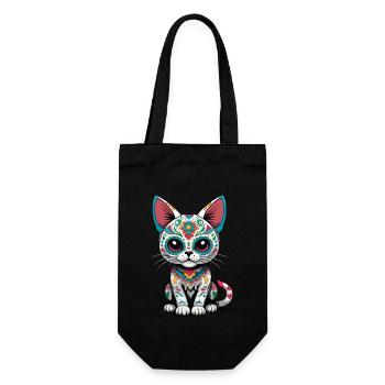 Ikonischer Zuckerschädel Mexiko Katze Design - Geschenkbeutel für Flaschen - Schwarz - Vorne