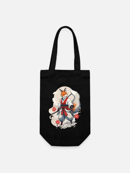 Samurai Kitsune Fox Kawaii Fox Spirit Design - Gift Bag for Bottles - black
