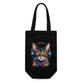 Katze Kopfhörer Bunt Lustig Tier Design Print - Geschenkbeutel für Flaschen - Schwarz - Vorne