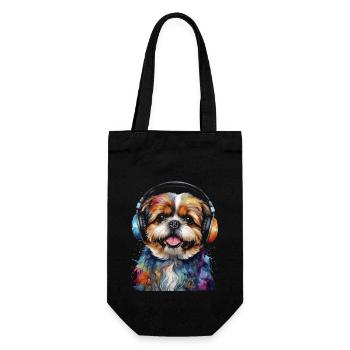 Shih Tzu Kopfhörer Hund Lustig Tier Design Print - Geschenkbeutel für Flaschen - Schwarz - Vorne