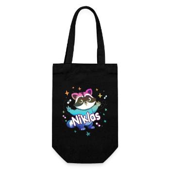 NIKLAS - Schöner Jungen Name mit süßem Waschbär - Geschenkbeutel für Flaschen - Schwarz - Vorne