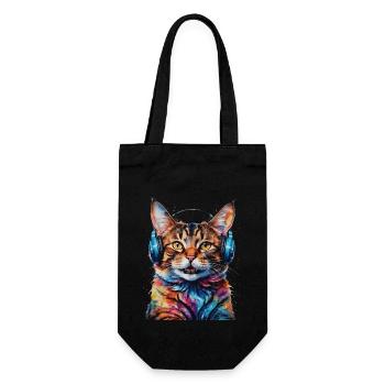 Katze Kopfhörer Bunt Lustig Tier Design Print - Geschenkbeutel für Flaschen - Schwarz - Vorne