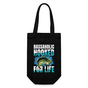 Bassaholic Hooked for Life für eine Anglerin - Geschenkbeutel für Flaschen - Schwarz - Vorne