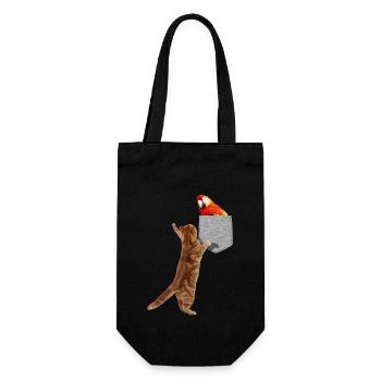Katze, die nach rotem Ara in gefälschter Print-On-Tasche greift - Geschenkbeutel für Flaschen - Schwarz - Vorne