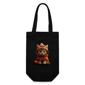 Kätzchen im Kürbis-Kapuzen-Look - Halloween Outfit - Geschenkbeutel für Flaschen - Schwarz - Vorne