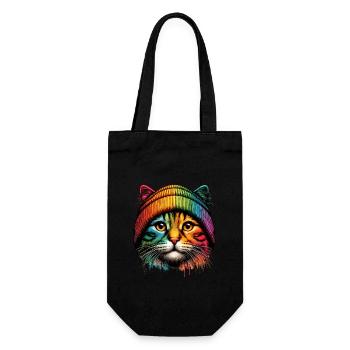 Katze Beanie Regenbogen Katzenmama Cool Lustig - Geschenkbeutel für Flaschen - Schwarz - Vorne