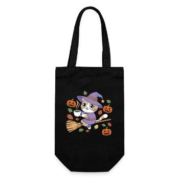 Chat mignon d’Halloween avec chapeau de sorcière et citrouilles - Sac à bouteille - noir - Devant