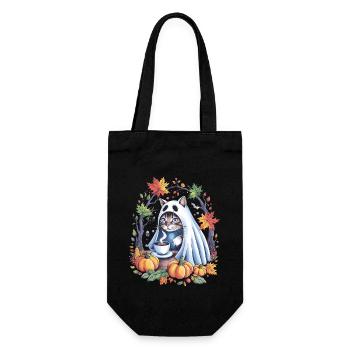 Chat d'Halloween en costume de fantôme avec des citrouilles - Sac à bouteille - noir - Devant