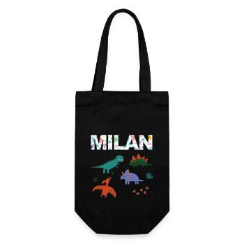 MILAN - Schöner Jungen Name mit Dinosaurier - Geschenkbeutel für Flaschen - Schwarz - Vorne