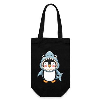 Pinguin Halloween: Süßer Pinguin Im Hai-Kostüm - Geschenkbeutel für Flaschen - Schwarz - Vorne