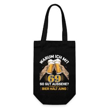 Warum Ich Mit 69 So Gut Aussehe? Bier Hält Jung - Geschenkbeutel für Flaschen - Schwarz - Vorne