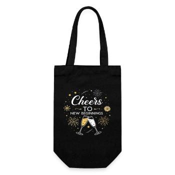Cheers to New Beginnings – Festliches Silvester - Geschenkbeutel für Flaschen - Schwarz - Vorne