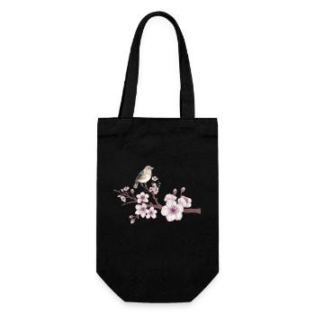 Kirschblüte Vogel Illustration Cherry Blossom Bird - Geschenkbeutel für Flaschen - Schwarz - Vorne