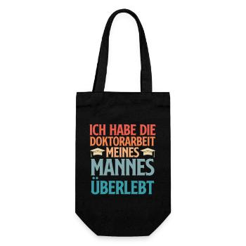Doktortitel DOKTORARBEIT MEINES MANNES ÜBERLEBT - Geschenkbeutel für Flaschen - Schwarz - Vorne