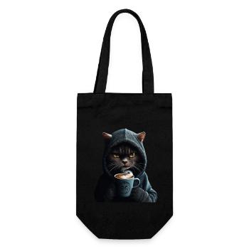 Mystische Katze mit Hoodie & Kaffee - Geschenkbeutel für Flaschen - Schwarz - Vorne