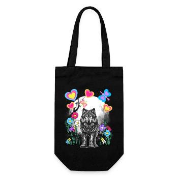 Retro Wolf Wölfe Märchen Märchenfigur Vintage - Geschenkbeutel für Flaschen - Schwarz - Vorne