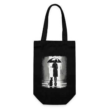Woman and cat waiting under umbrella in the rain - Gift Bag for Bottles - black - Front