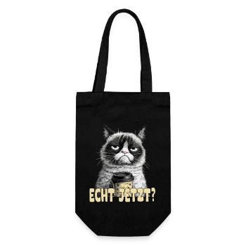 Lustige Katze mit Kaffee und Spruch; Echt jetzt? - Geschenkbeutel für Flaschen - Schwarz - Vorne