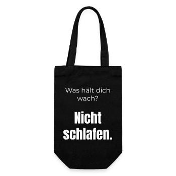 Was hält dich wach? Nicht schlafen – Spruch - Geschenkbeutel für Flaschen - Schwarz - Vorne
