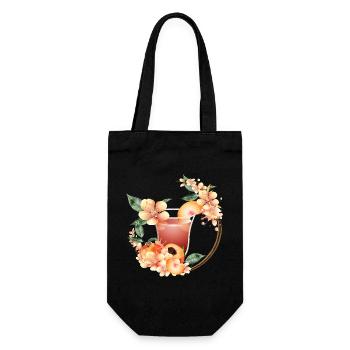 Cocktail mit Pfirsichhälfte & Pfirsichblütenkranz - Geschenkbeutel für Flaschen - Schwarz - Vorne