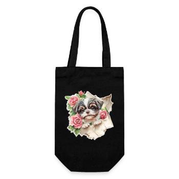 Shih Tzu Vintage Blumen - Geschenkbeutel für Flaschen - Schwarz - Vorne