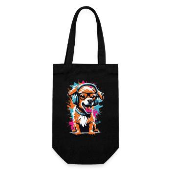 Süßer Hund mit Kopfhörer und Brille - Geschenkbeutel für Flaschen - Schwarz - Vorne