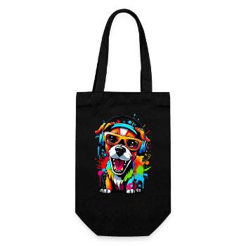 Hund mit Kopfhörer und Sonnenbrille - Geschenkbeutel für Flaschen - Schwarz - Vorne