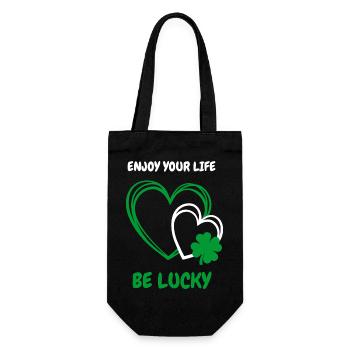 Enjoy Life & be lucky – Herz mit Kleeblatt - Geschenkbeutel für Flaschen - Schwarz - Vorne