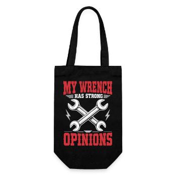 Schrauberhumor – My Wrench Has Strong Opinions - Geschenkbeutel für Flaschen - Schwarz - Vorne