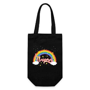 Bunter Regenbogen mit Einhornschriftzug - Geschenkbeutel für Flaschen - Schwarz - Vorne