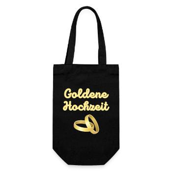 Goldene Hochzeit goldene Eheringe leuchtend Gold - Geschenkbeutel für Flaschen - Schwarz - Vorne