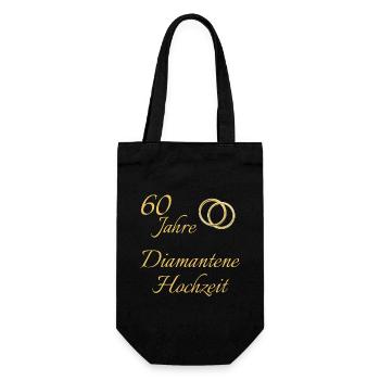 60 Jahre Diamantene Hochzeit Ringe goldfarben Text - Geschenkbeutel für Flaschen - Schwarz - Vorne