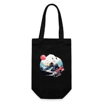 Japanese Mountain, Water & Pagoda Scene - Gift Bag for Bottles - black - Front