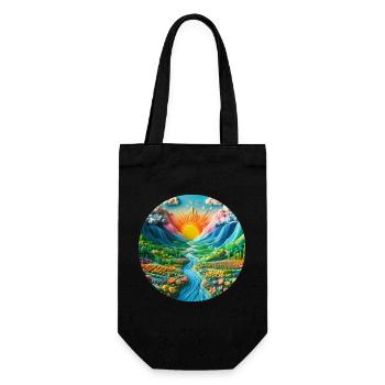 Landschaft bunt mit Sonne Berge und See aus Knete - Geschenkbeutel für Flaschen - Schwarz - Vorne