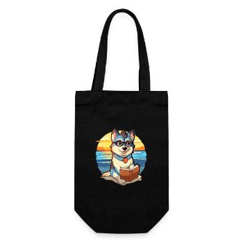 Husky Chien Mignon Drôle Dessin Animé Kawaii Livre Plage - Sac à bouteille - noir - Devant
