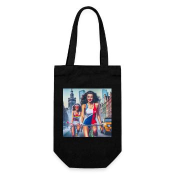Zwei Mädchen, die im Retro-Warschau-Stil radeln - 80er-Jahre-Stil - Geschenkbeutel für Flaschen - Schwarz - Vorne