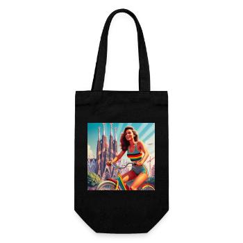 SAGRADA FAMILIA Retro-Mädchen auf dem Fahrrad - Geschenkbeutel für Flaschen - Schwarz - Vorne