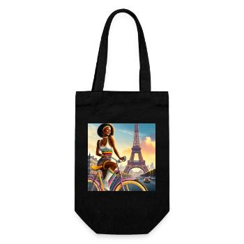 Schönes Mädchen auf dem Fahrrad, Eiffelturm - Geschenkbeutel für Flaschen - Schwarz - Vorne