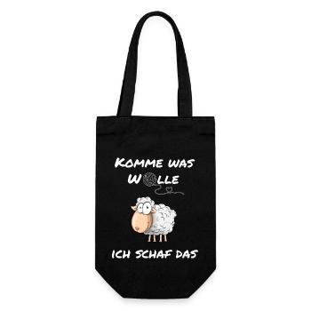 Witziges T-Shirt mit Schaf-Motiv: 'Komme was Wolle - Geschenkbeutel für Flaschen - Schwarz - Vorne