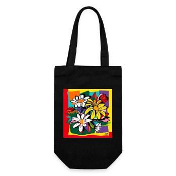 Pop Art Stil / farbenfrohes Blumen-Motiv - Geschenkbeutel für Flaschen - Schwarz - Vorne