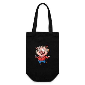 Cochon Drôle Dessin Animé Personnage Casque Musique - Sac à bouteille - noir - Devant
