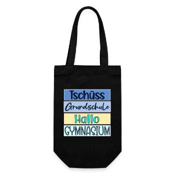 TSCHÜSS GRUNDSCHULE - HALLO GYMNASIUM - Geschenkbeutel für Flaschen - Schwarz - Vorne