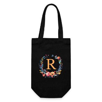 R Monogramm, Blumen-Kranz, personalisierbar - Geschenkbeutel für Flaschen - Schwarz - Vorne